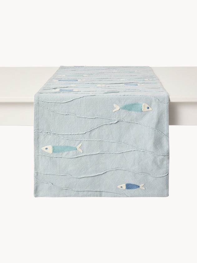 Runner in cotone con ricami pesciolini