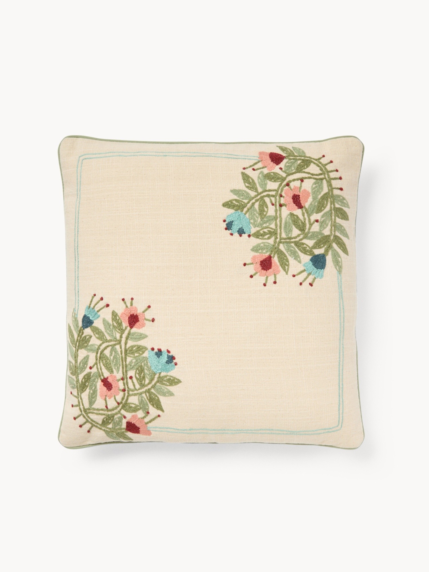 Cotton slub pillow with floral embroidery, 45x45cm - Discounted Price, Beige, large image number 0