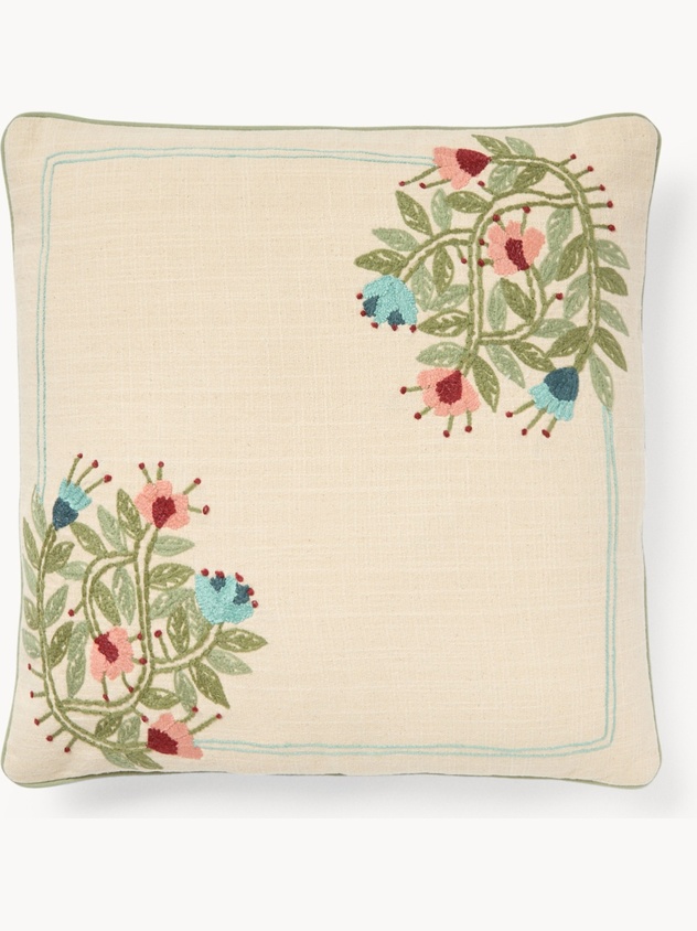 Cuscino in slub di cotone con ricamo floreale 45x45cm - Prezzo di lancio