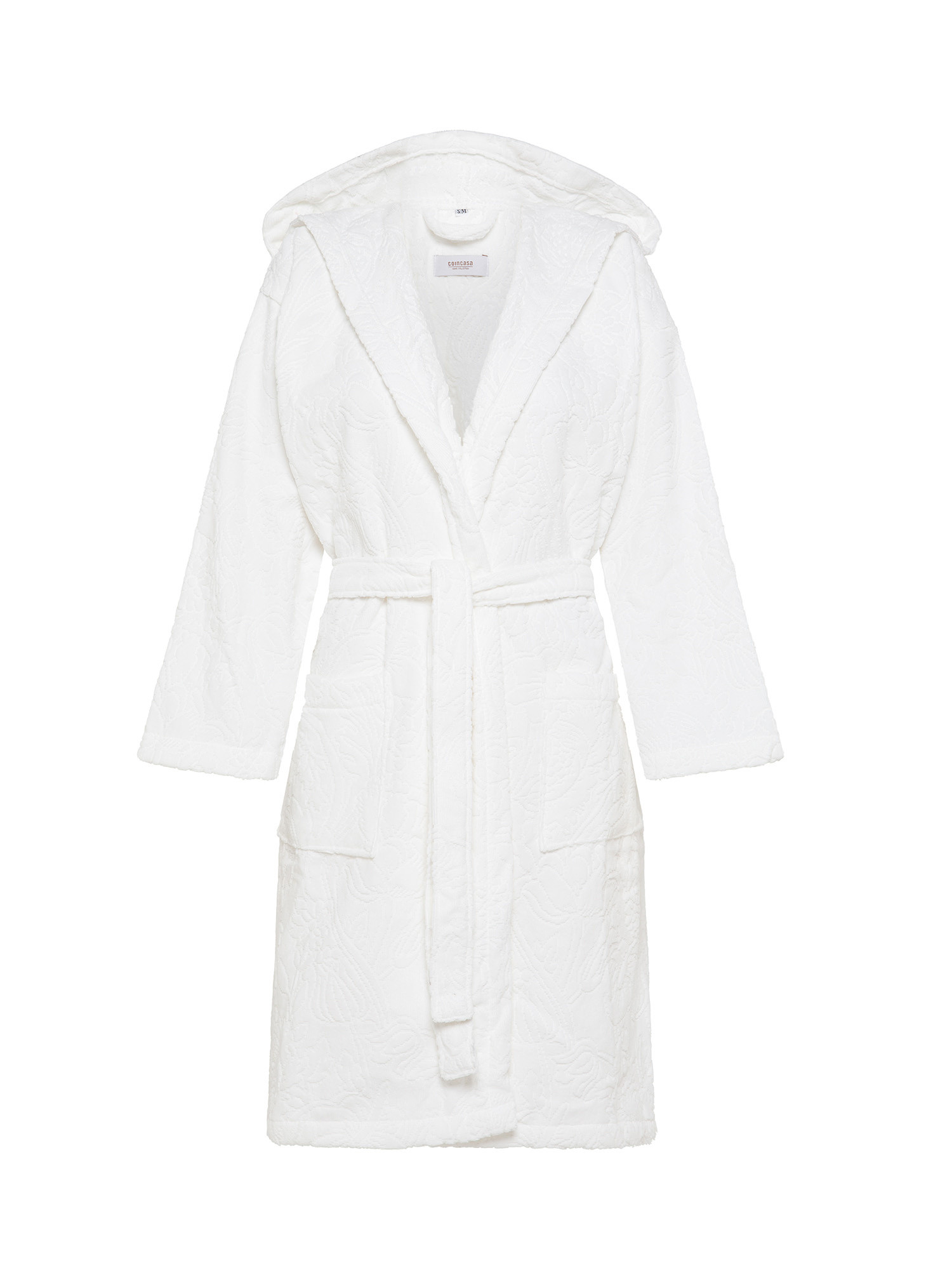 Solid color pure cotton hooded bathrobe with flower pattern, White, large image number 0