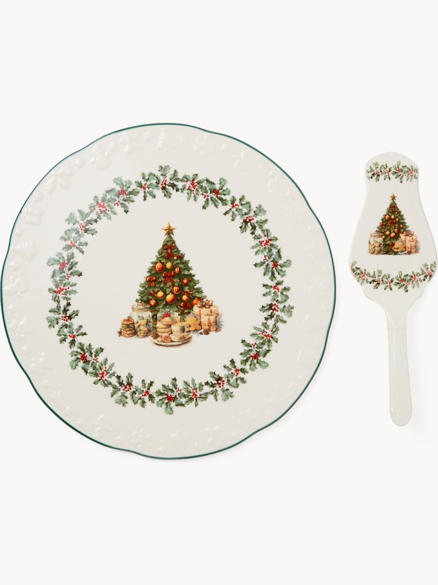 Porcelain plate and server set with a Christmas motif