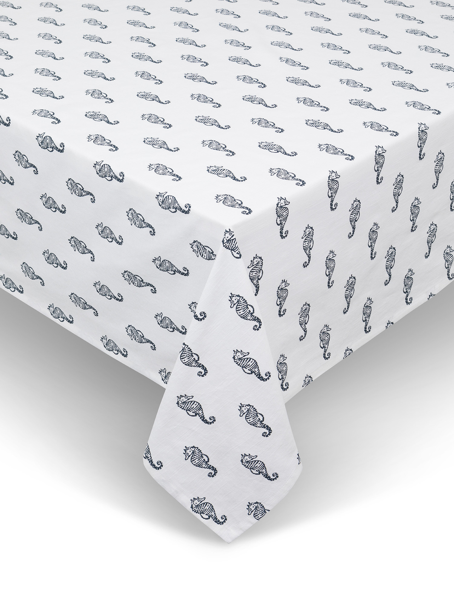 Tablecloth with seahorses in slub cotton., White / Blue, large image number 0