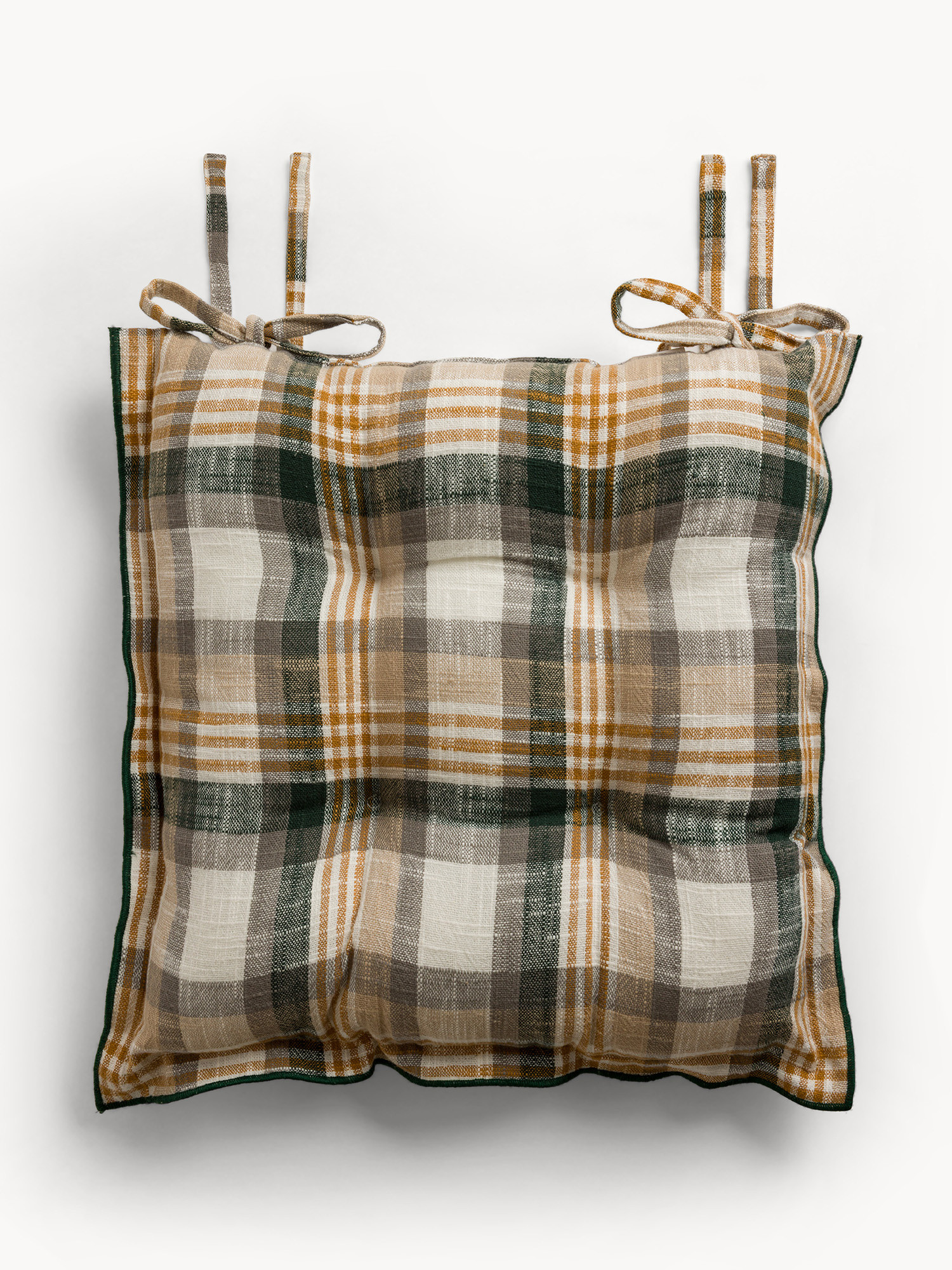 Checked chair cushion with ties in pure yarn-dyed cotton, Green, large image number 0
