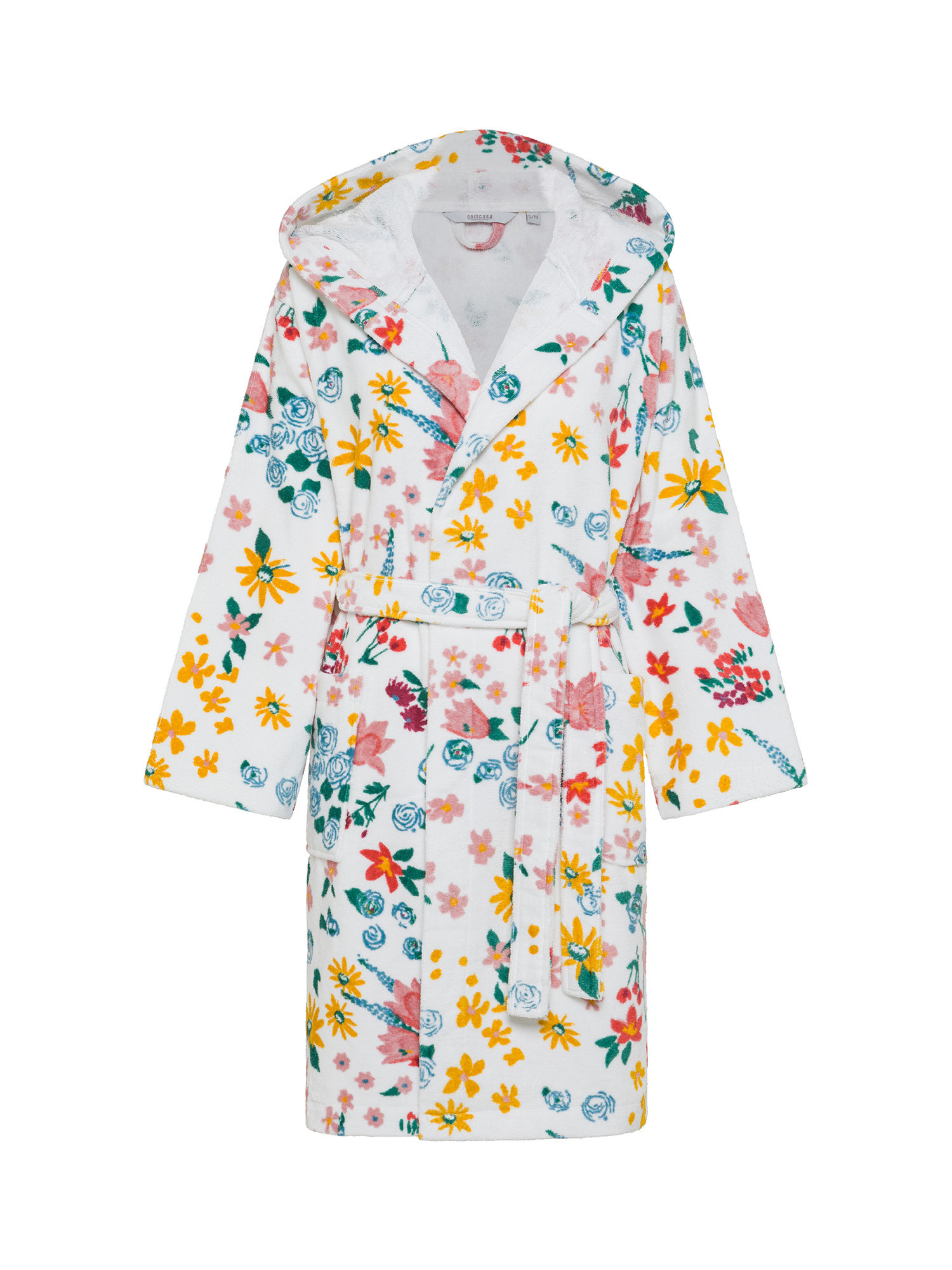 Velour cotton terry bathrobe with floral print, White, large image number 0