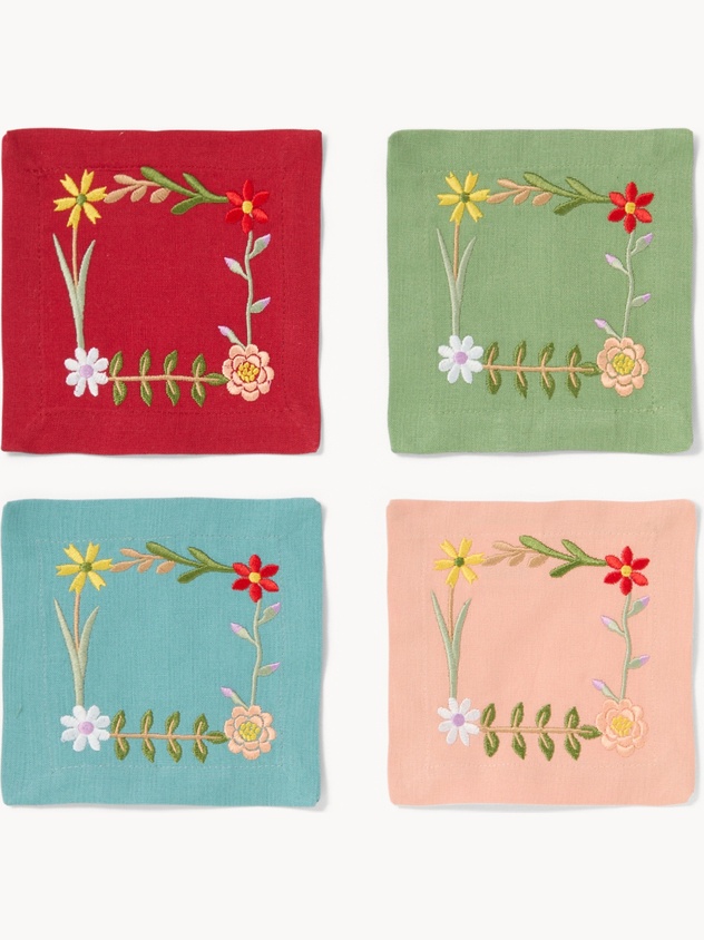 Set of 4 pure cotton coasters with embroidery - Discounted Price