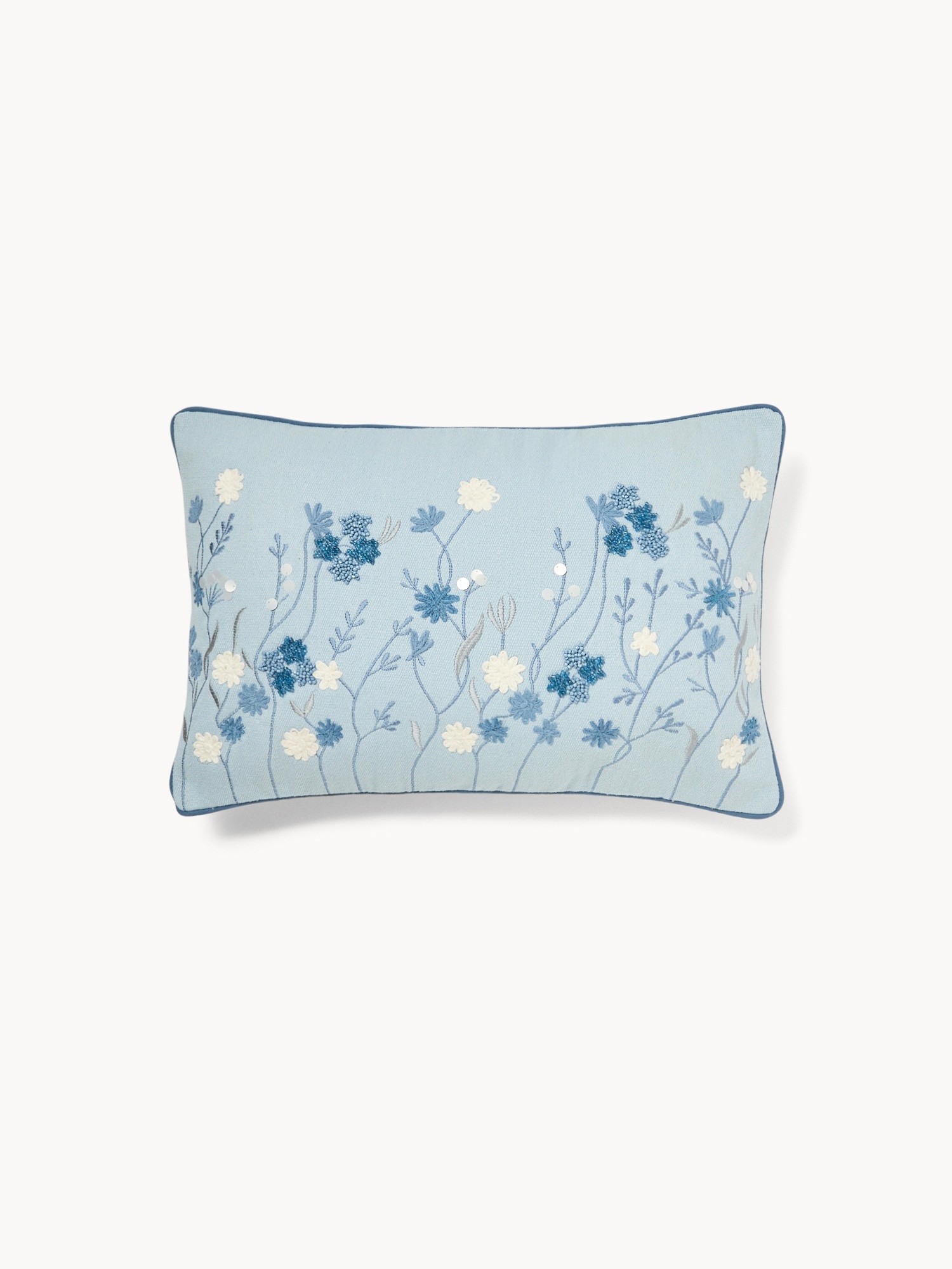 Cuscino in slub di cotone con ricamo fiorellini 35x55cm - Prezzo di lancio, Blu, large image number 0