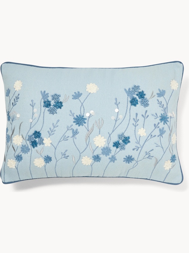 Cuscino in slub di cotone con ricamo fiorellini 35x55cm - Prezzo di lancio