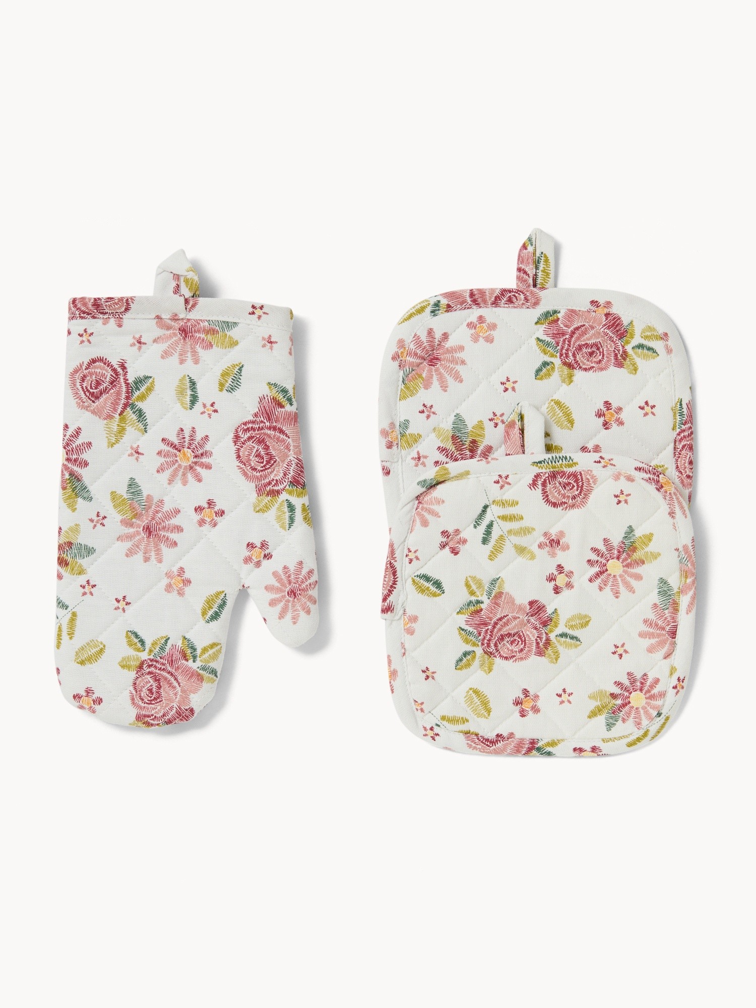 Set guanto cucina e 2 presine in panama di cotone con stampa roselline - Prezzo di lancio, Bianco, large image number 0