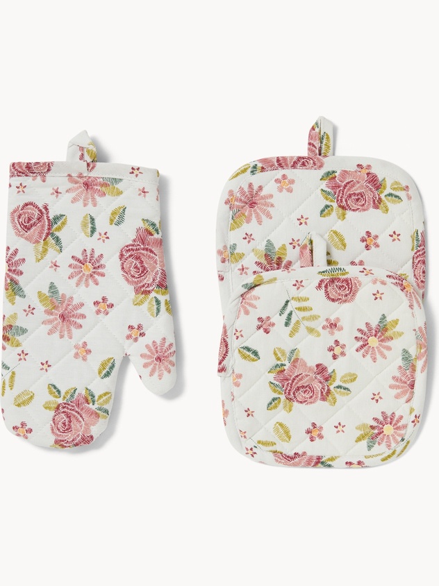 Set guanto cucina e 2 presine in panama di cotone con stampa roselline - Prezzo di lancio