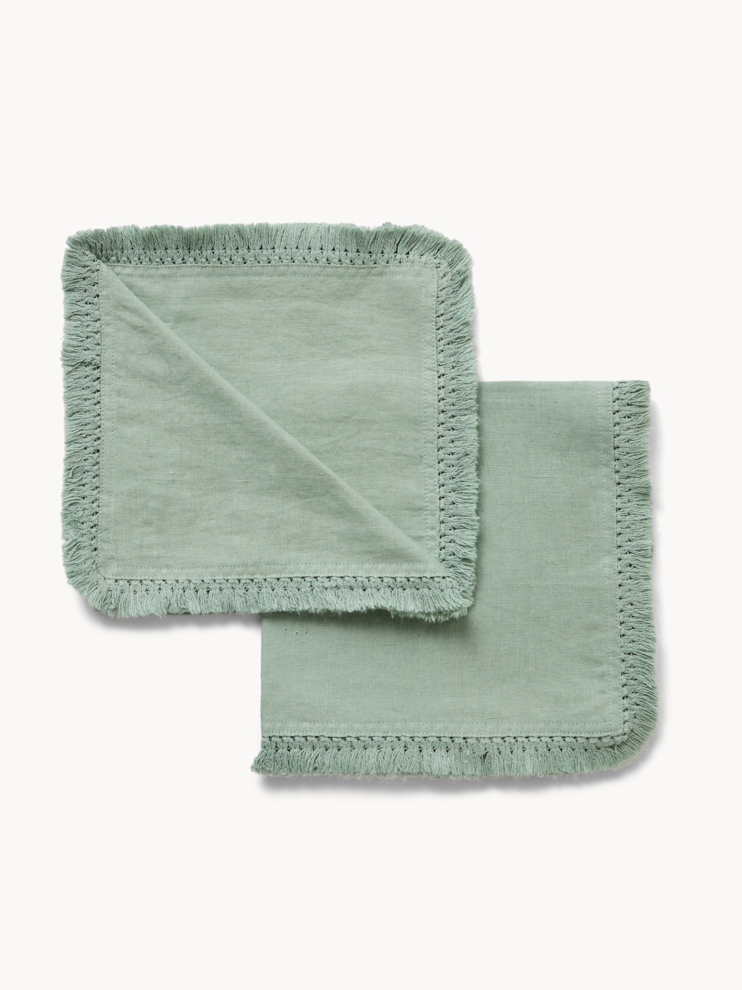 Set 2 tovaglioli in lino lavato con frangette, Verde ottanio, large image number 0