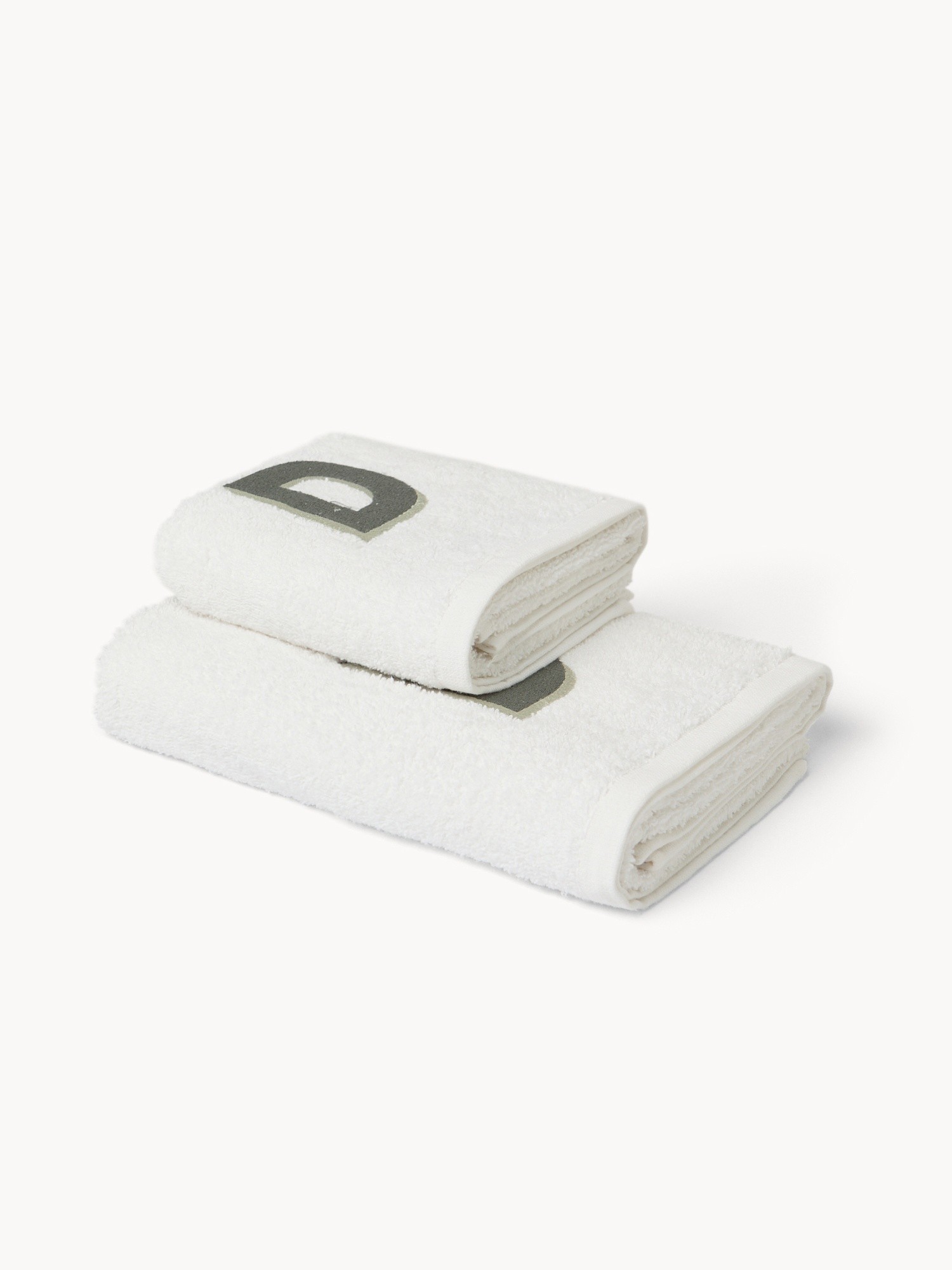 Set 2 asciugamani in spugna di cotone ricamo lettera D, Bianco, large image number 0