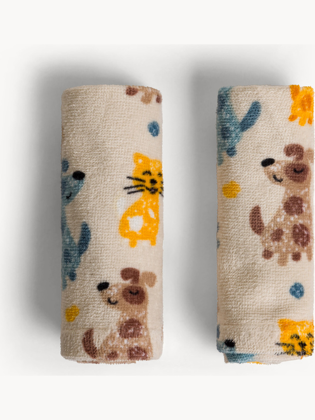 Set 2 lavette in cotone velour stampa animaletti