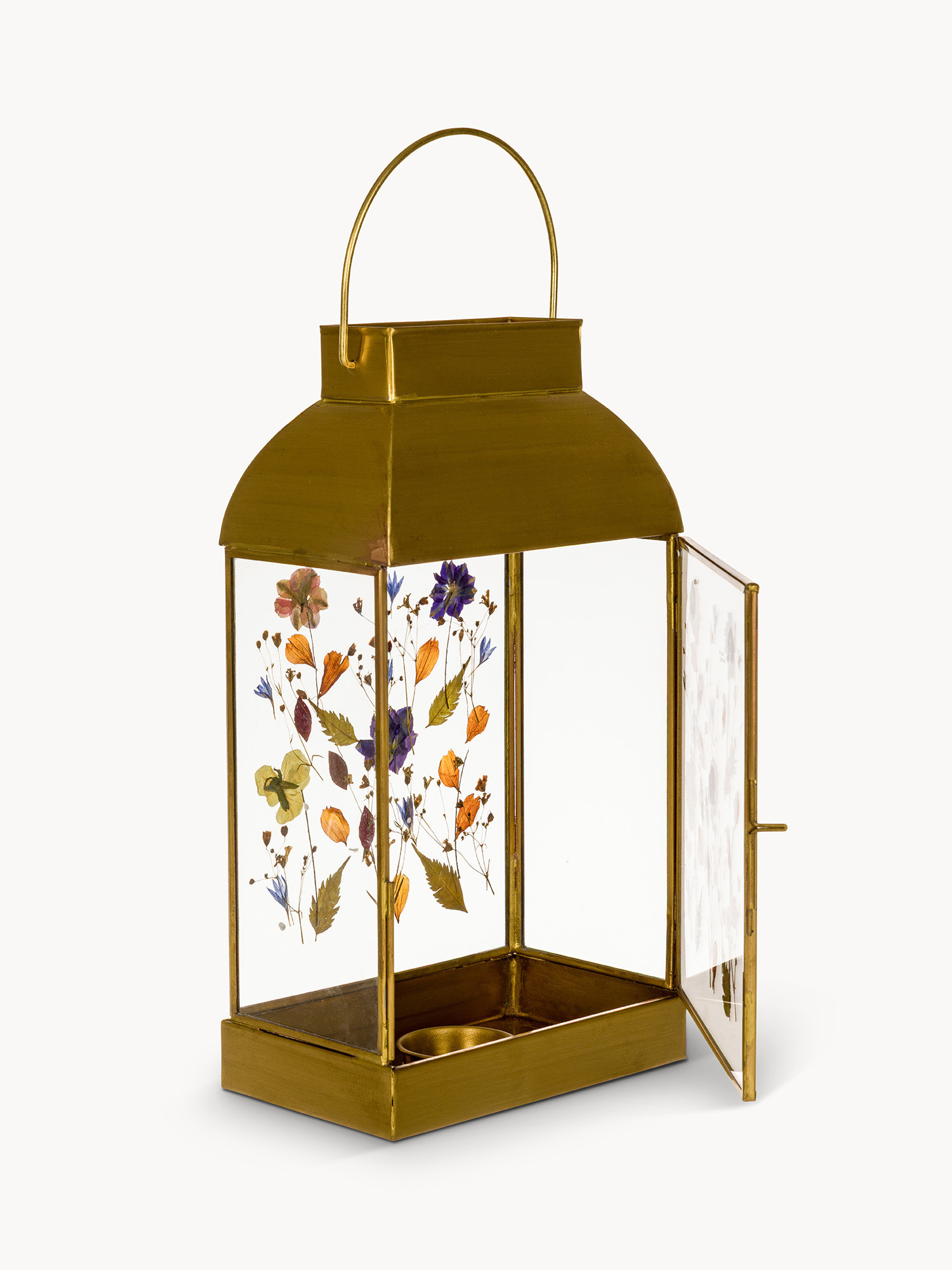 Glass and brass lantern with dried flowers, Gold, large image number 1