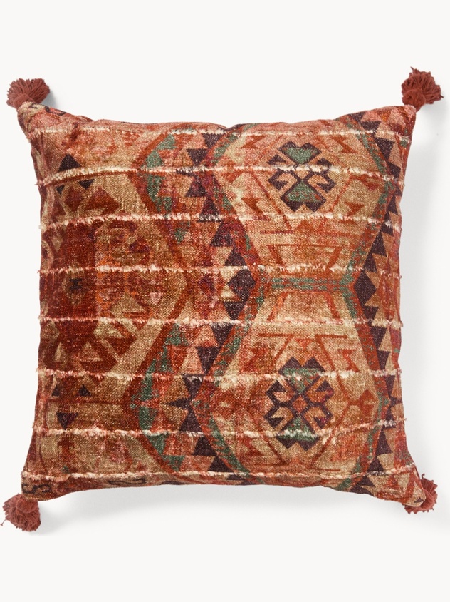 Damask print cushion with tassels, 45x45cm - Discounted Price