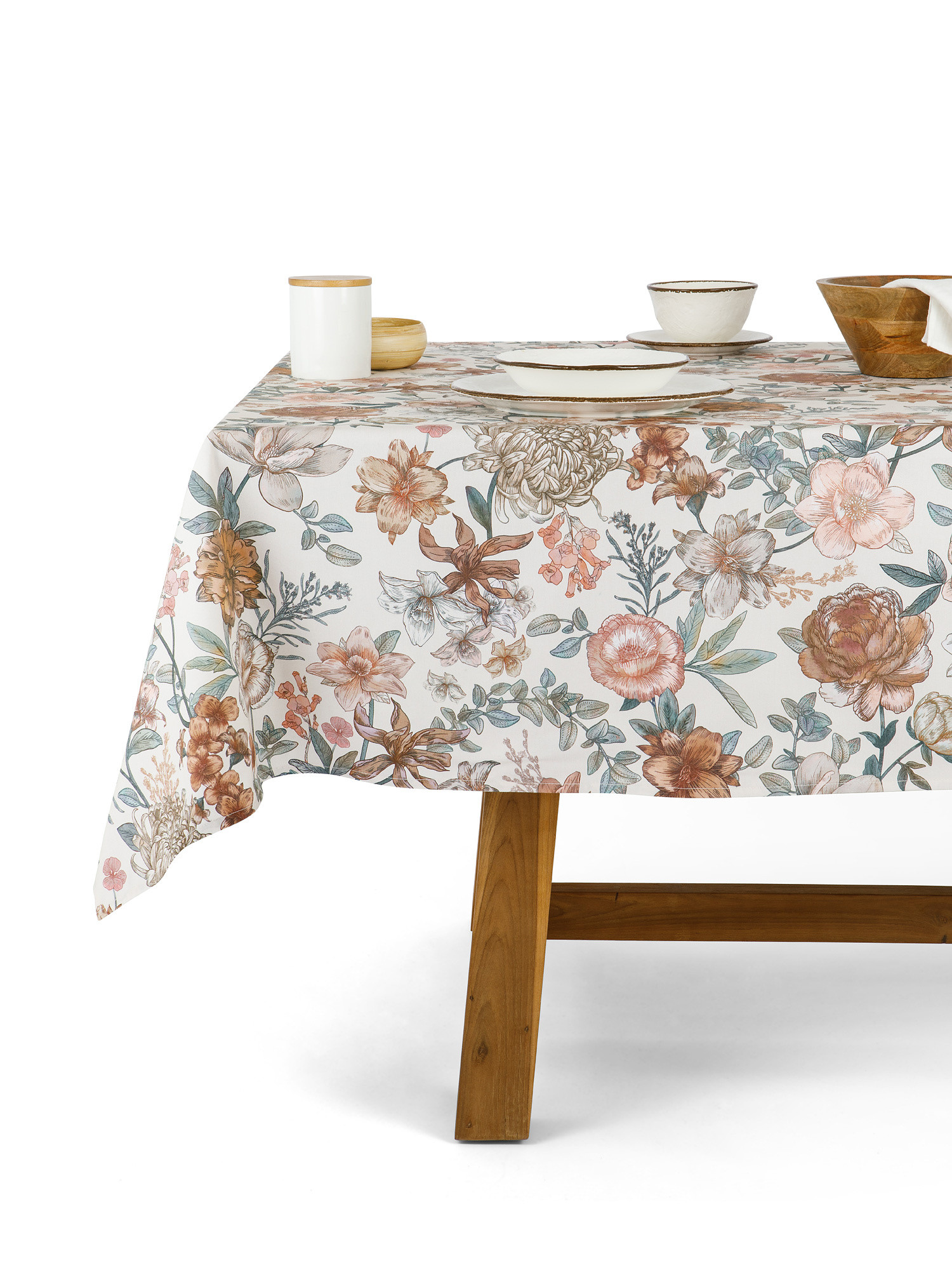 100% cotton tablecloth with floral print, Beige, large image number 0