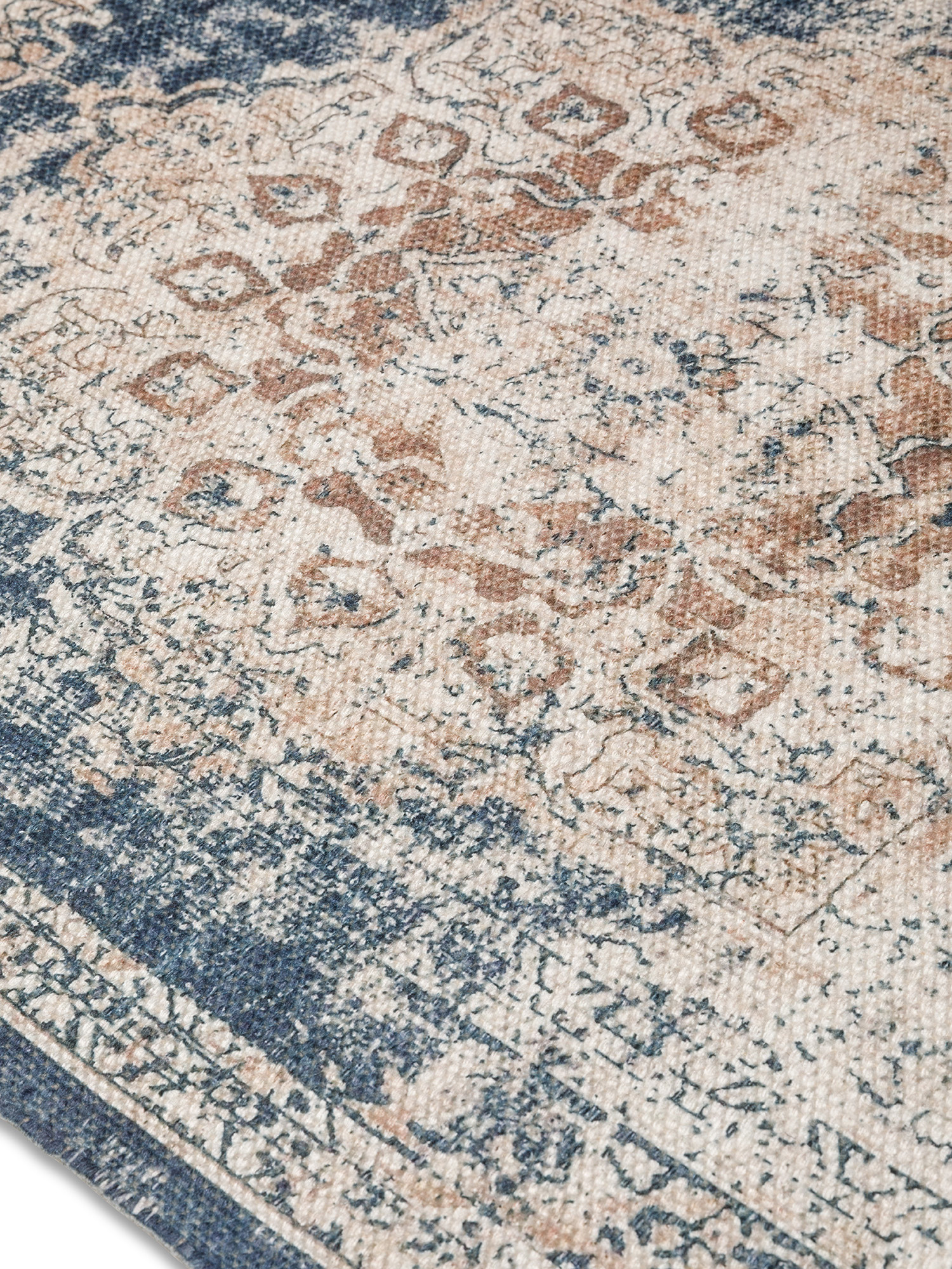 Damask motif cotton kitchen rug, Blue, large image number 1