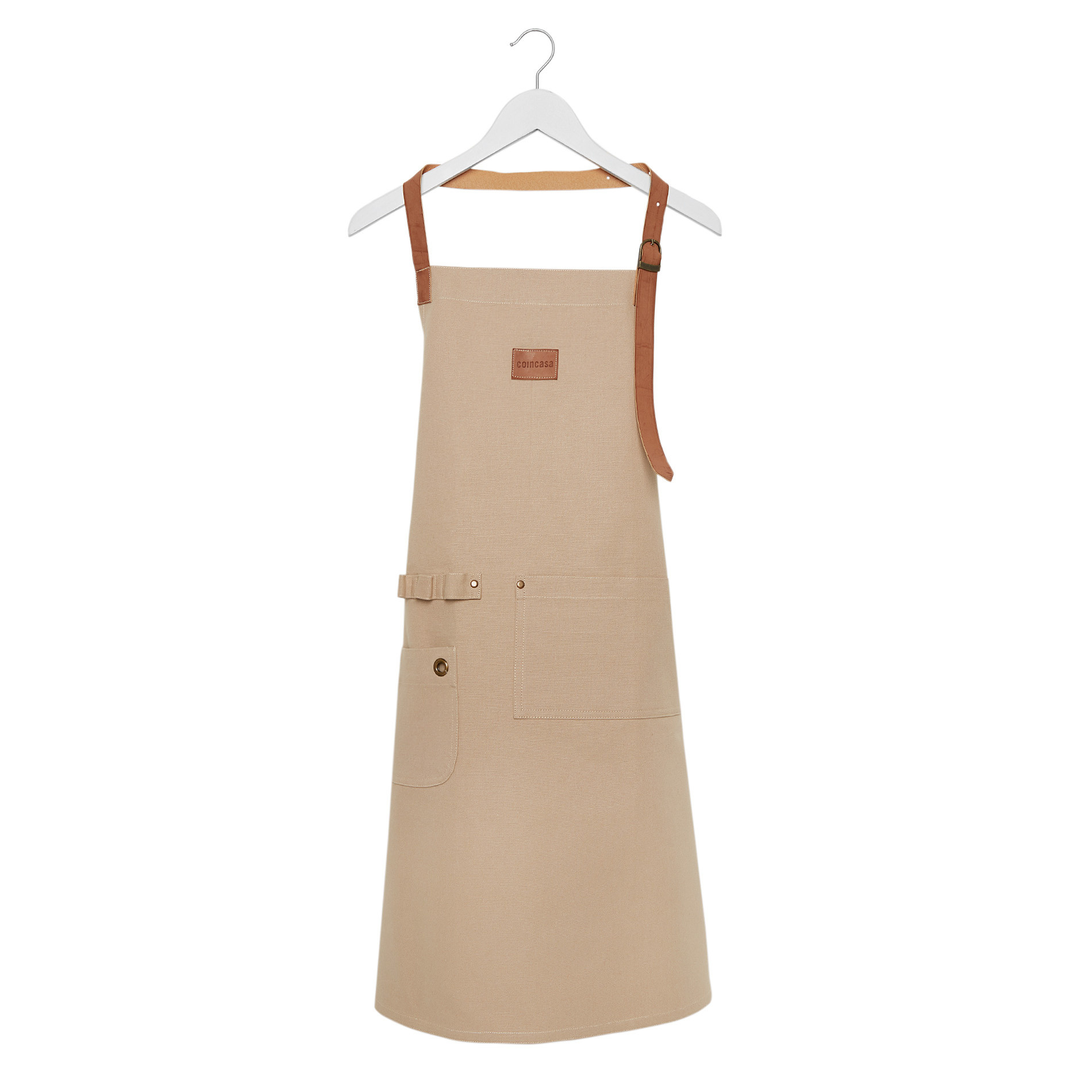 100% cotton kitchen apron with leather-look details, Beige, large image number 0