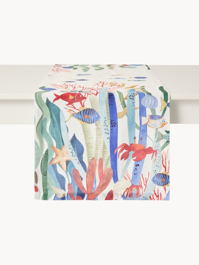 Runner in twill di cotone con stampa fondale marino