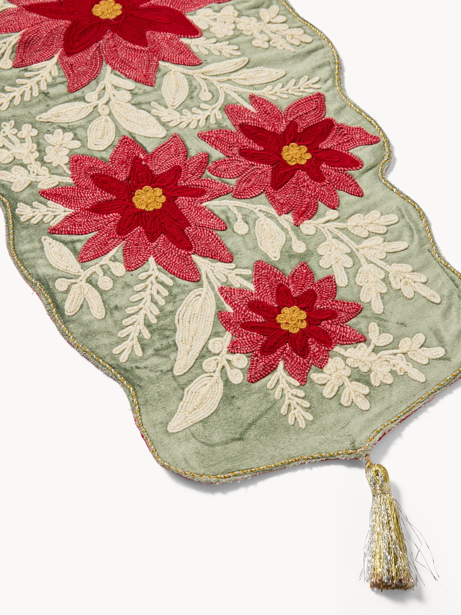 Cotton and viscose table runner with floral embroidery and tassels, Red, large image number 1