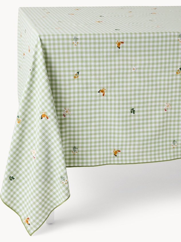 Embroidered gingham cotton tablecloth