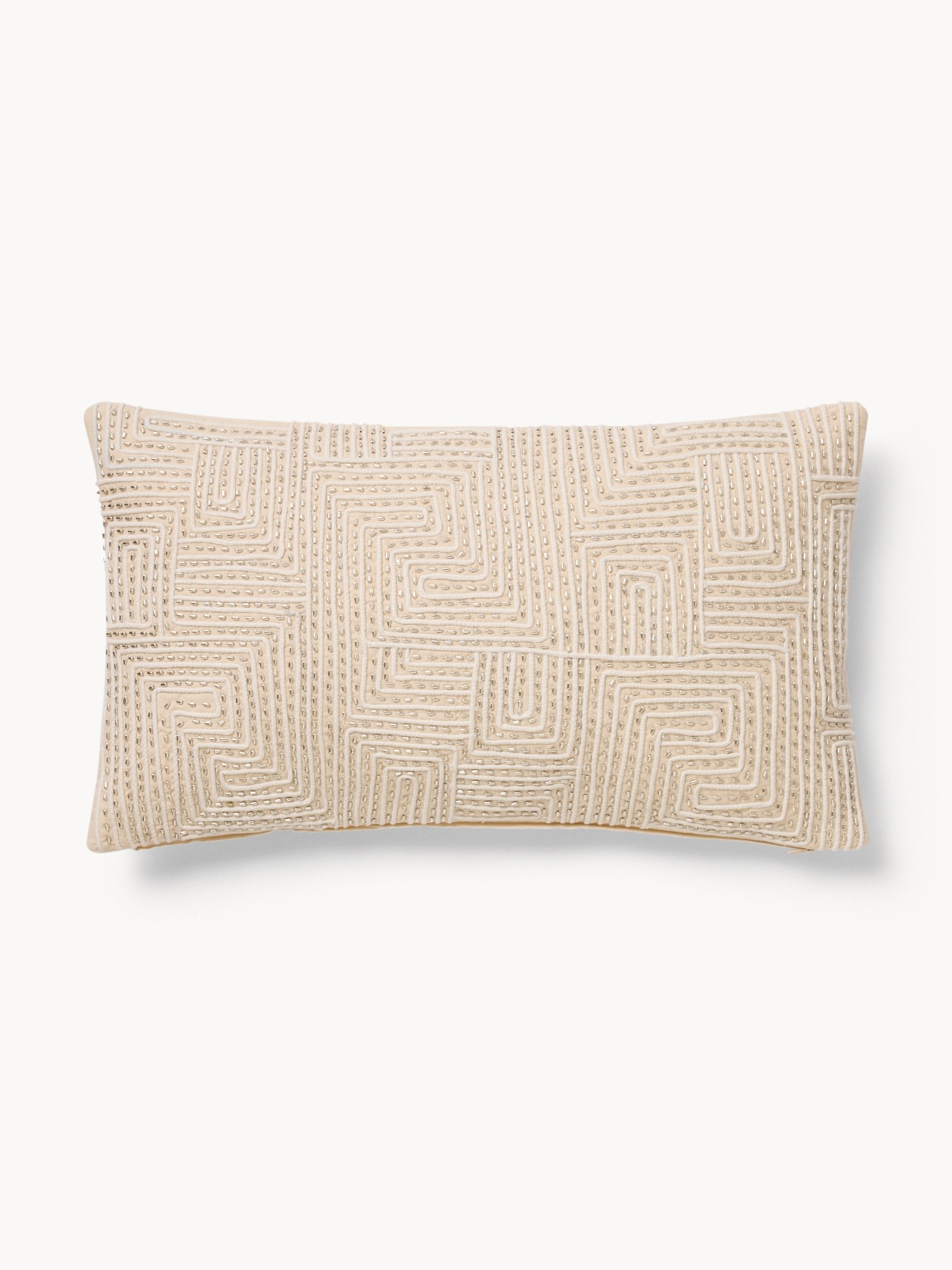 35x65 cm cotton cushion with geometric pattern and beaded appliques, White, large image number 3
