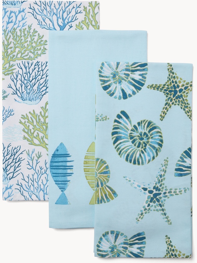 Set of 3 Cotton Tea Towels with Marine Print - Introductory Price
