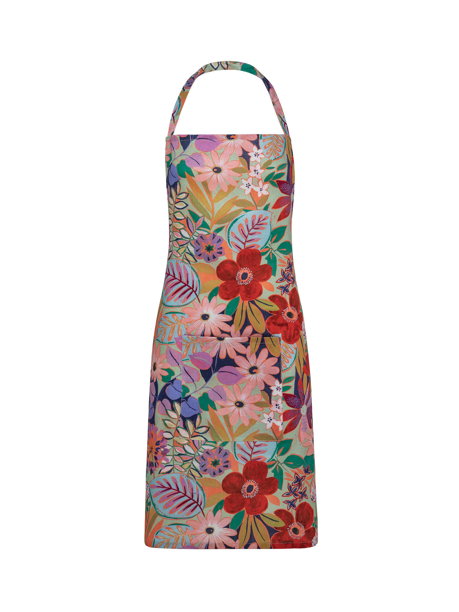 Cotton panama kitchen apron with floral print, Multicolor, large image number 0