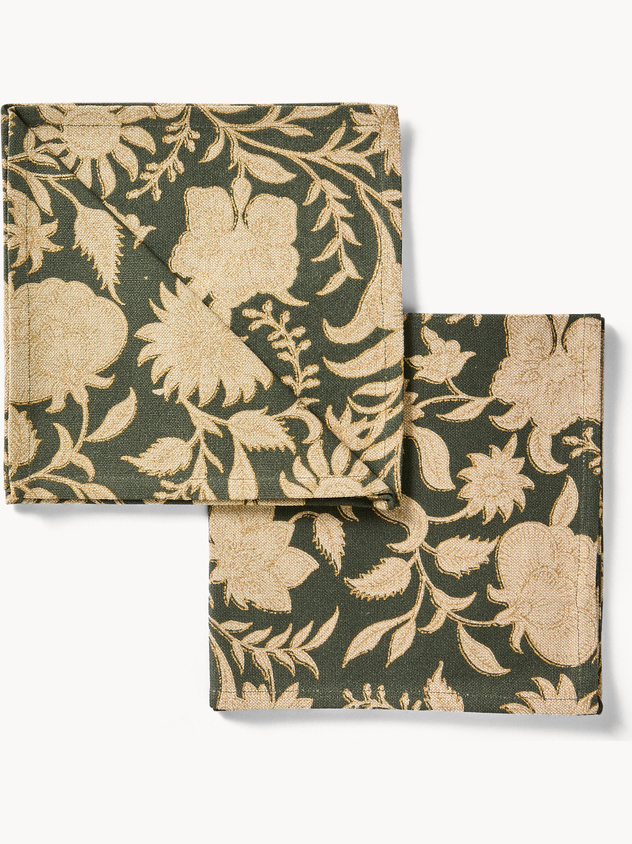 Set of 2 pure cotton napkins with hand-printed design and gold details