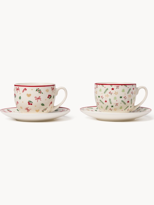 Set of 2 teacups in New Bone China with Christmas motifs
