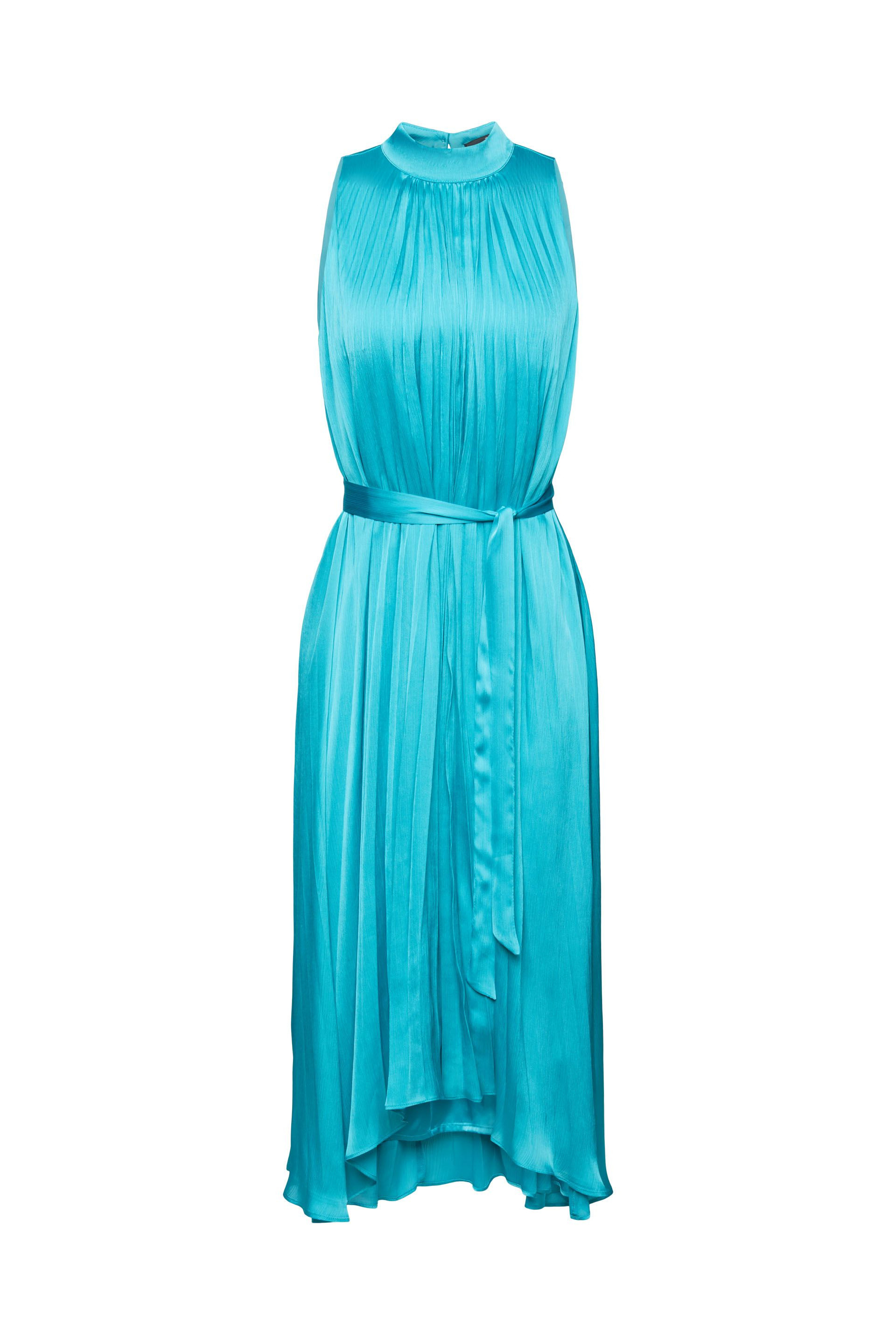 Esprit - Pleated satin dress, Turquoise, large image number 0