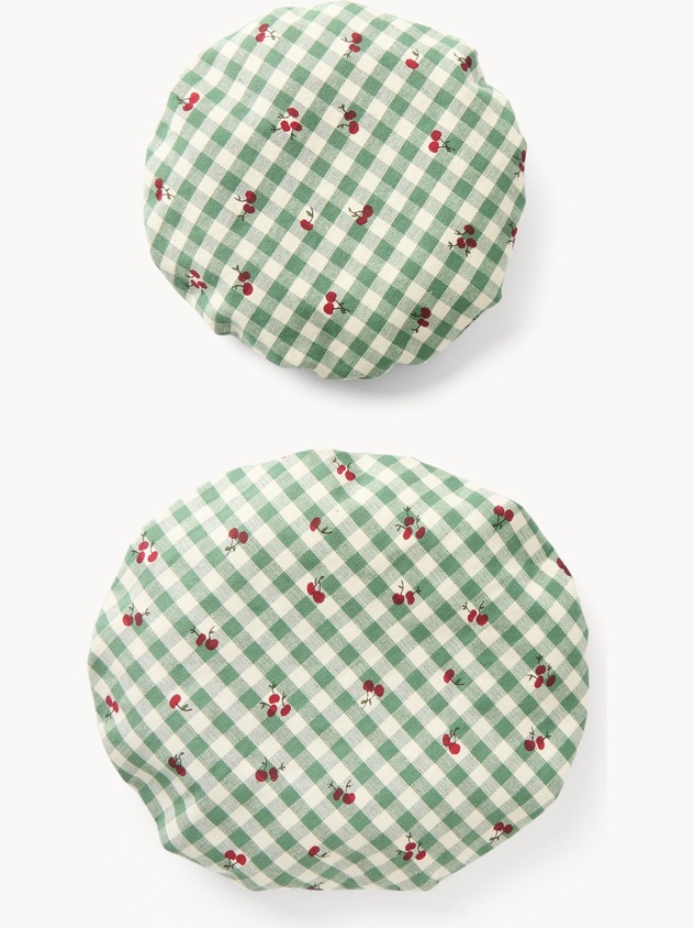 Set di 2 copri ciotole in puro cotone vichy con stampa ciliegie e volant - Prezzo di lancio