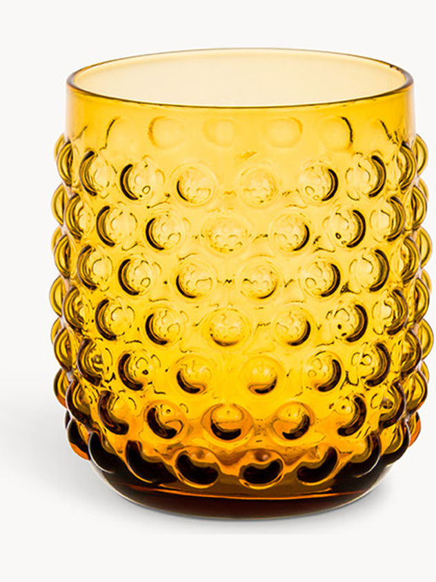 Glass tumbler with embossed bubbles