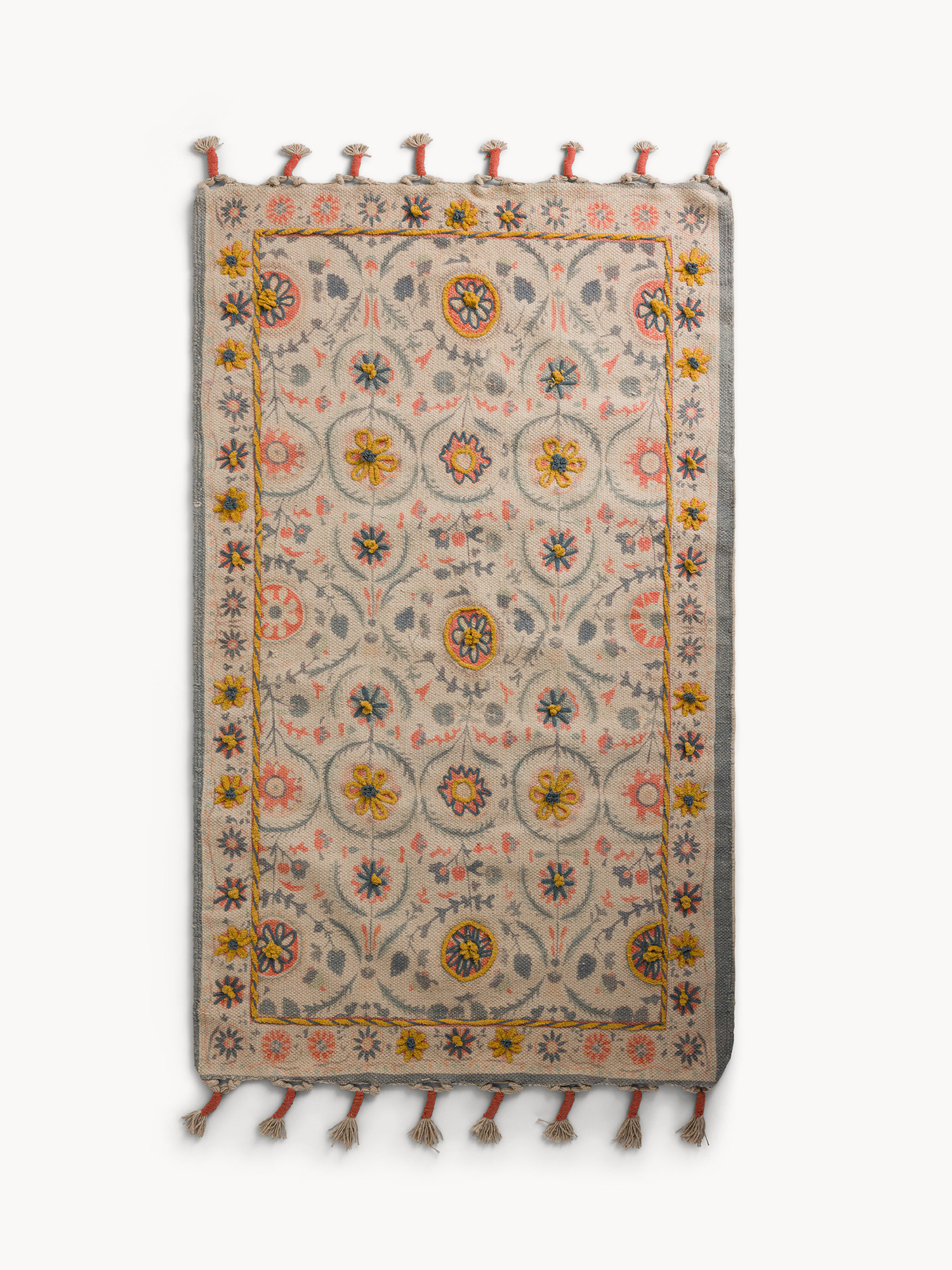 Rectangular rug woven and hand-embroidered with floral motif, Multicolor, large image number 0