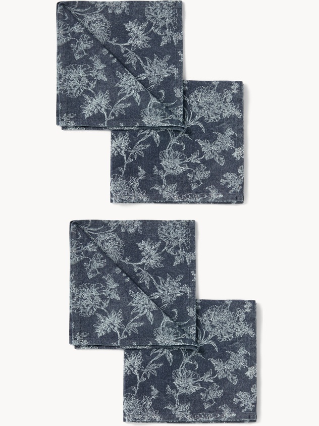 Set di 4 tovaglioli in twill di cotone con stampa floreale effetto denim - Prezzo di lancio