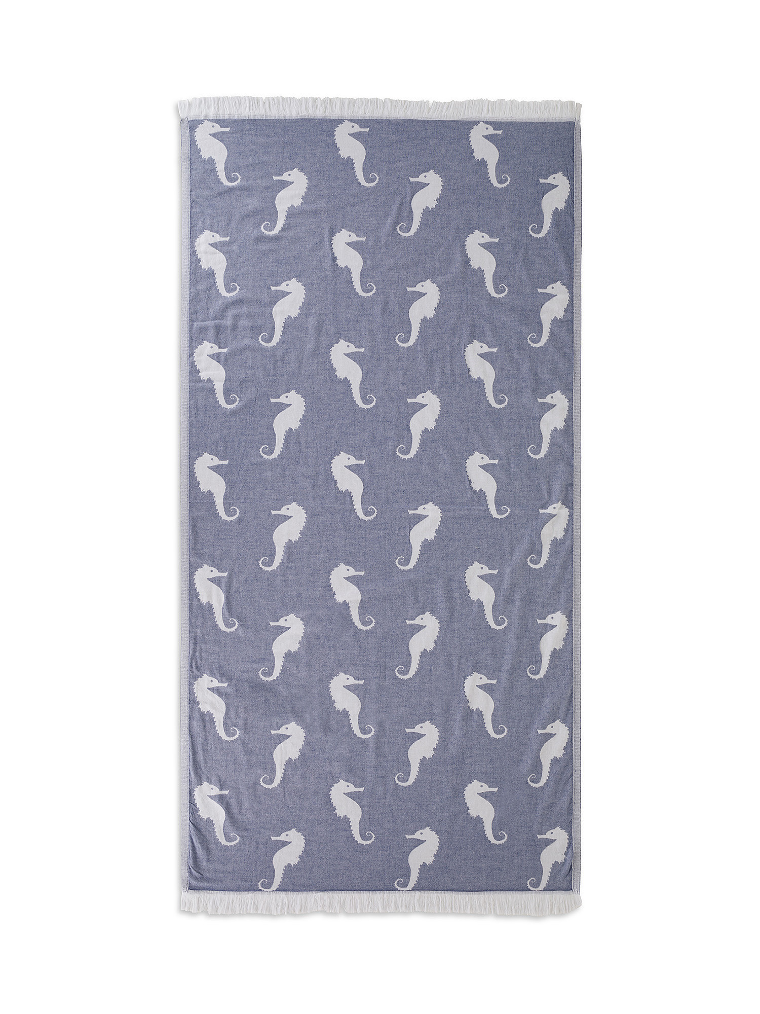Lightweight cotton hammam beach towel with seahorse motif, Blue, large image number 0