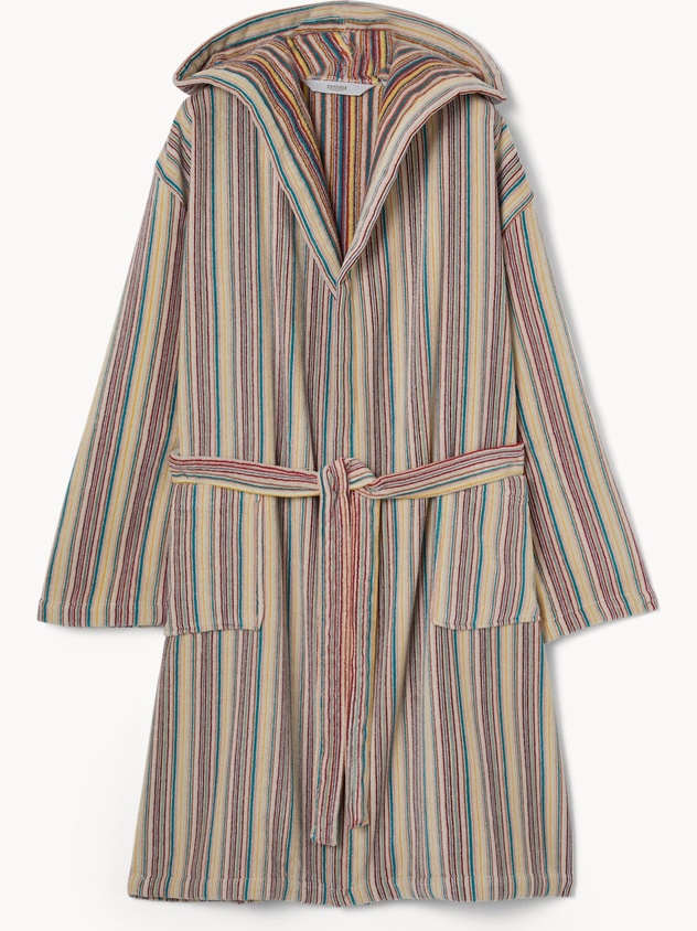 Pure cotton velour bathrobe with striped jacquard weave - Discounted price