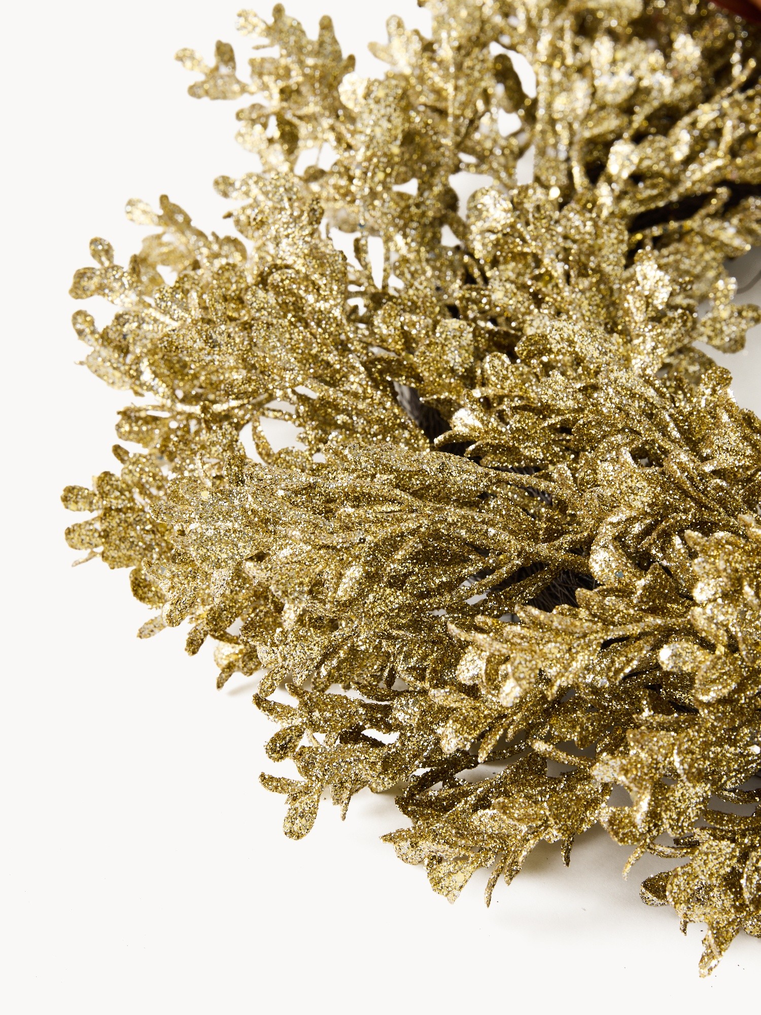 Ghirlanda in plastica con foglie oro e fiocco in velluto, Oro, large image number 1