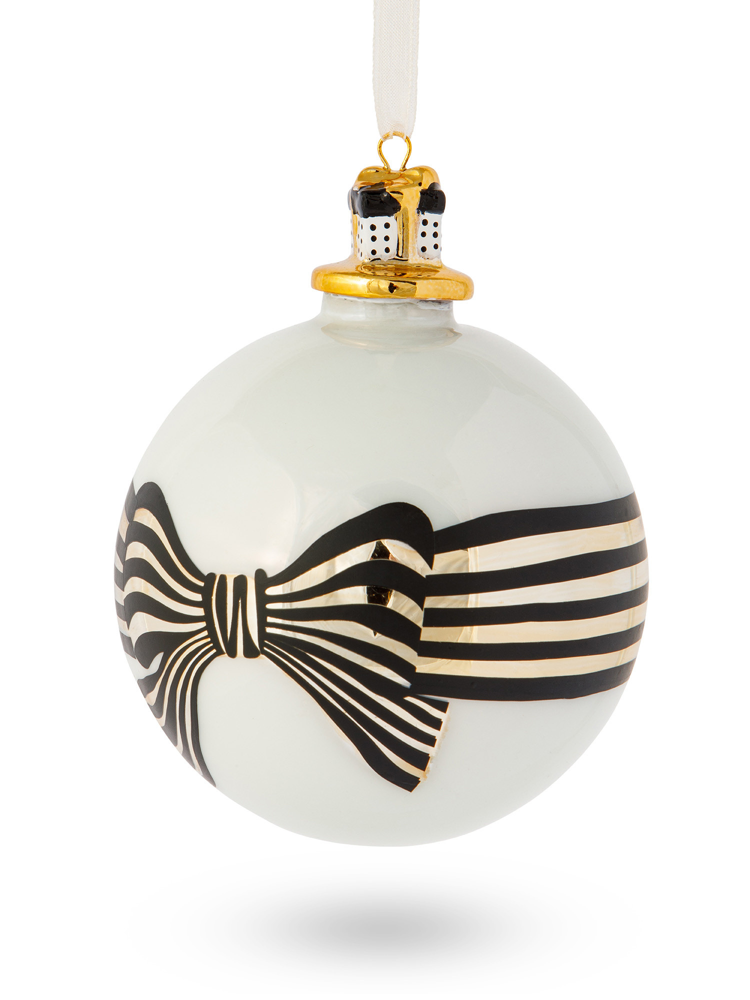 Hand decorated glass sphere with bow, White, large