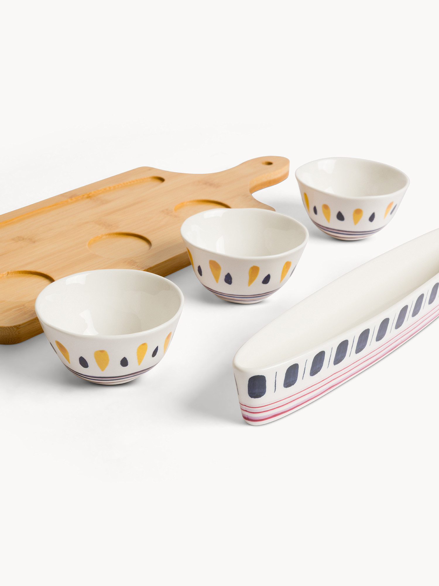 Set of 4 porcelain bowls with bamboo cutting board, Multicolor, large image number 1