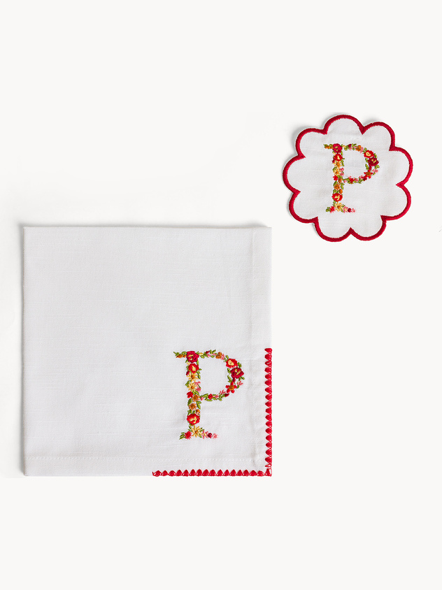 Napkin and coaster set with embroidered letter P