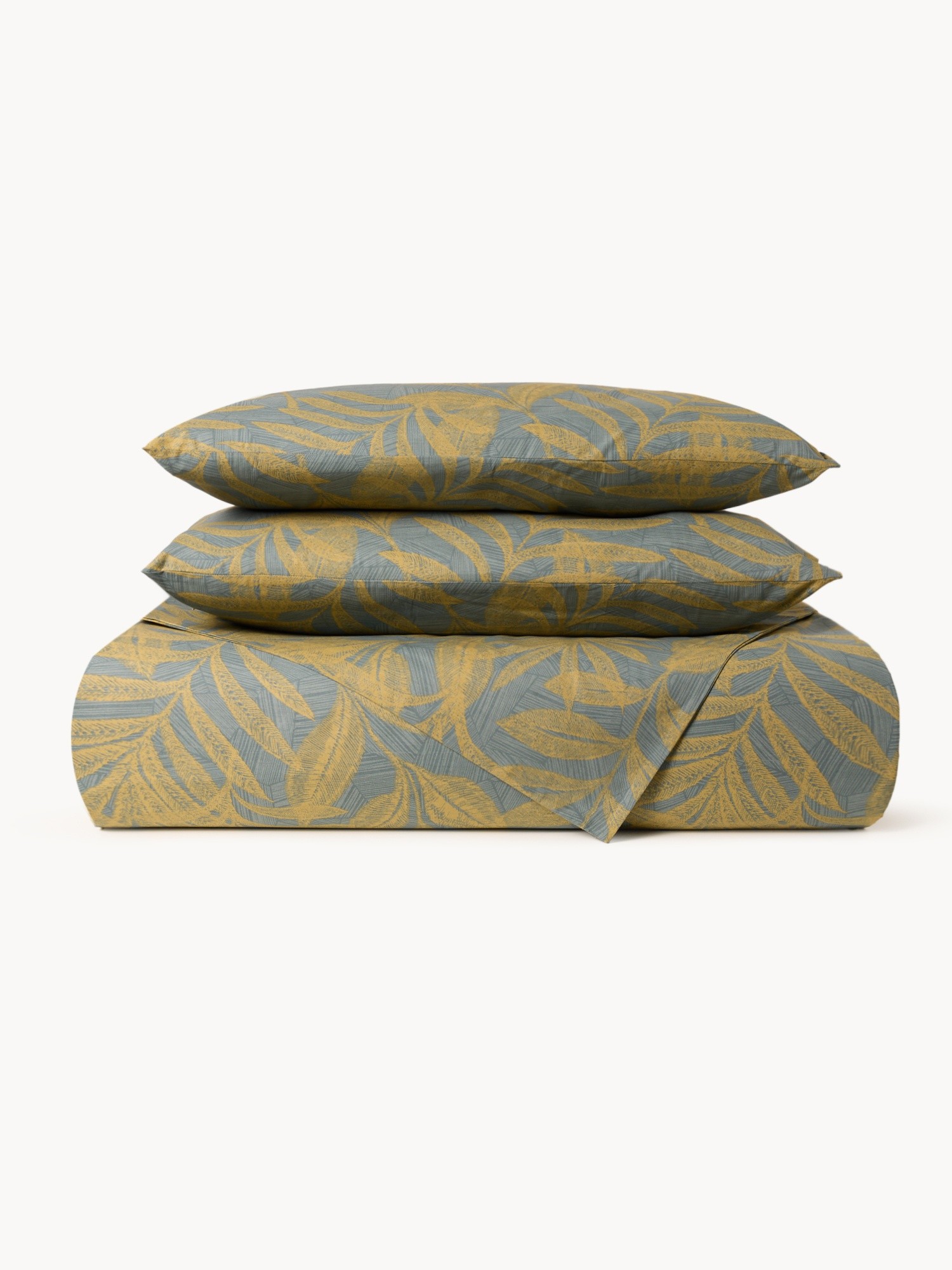 Leaf-patterned cotton percale flat sheet, Green, large image number 0
