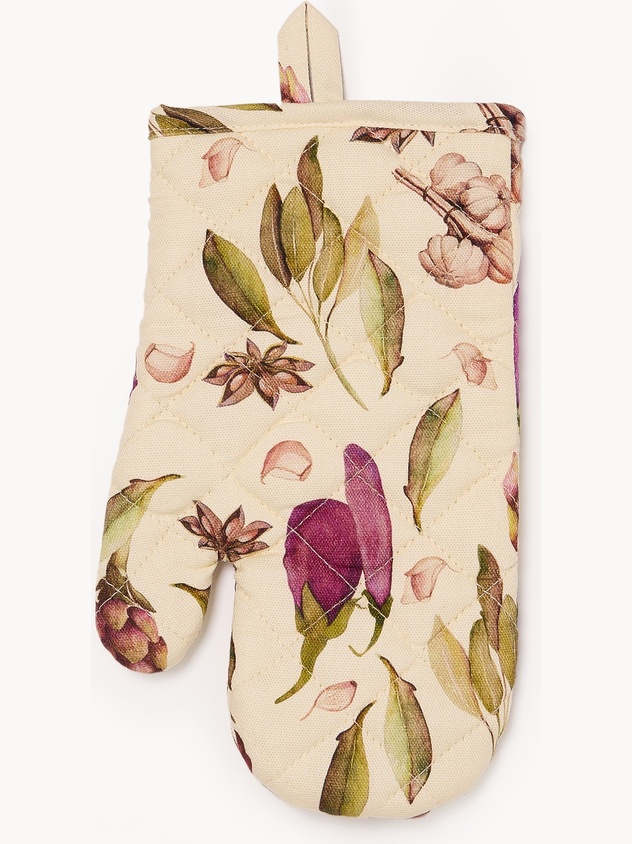 Cotton Panama oven mitt with a botanical print
