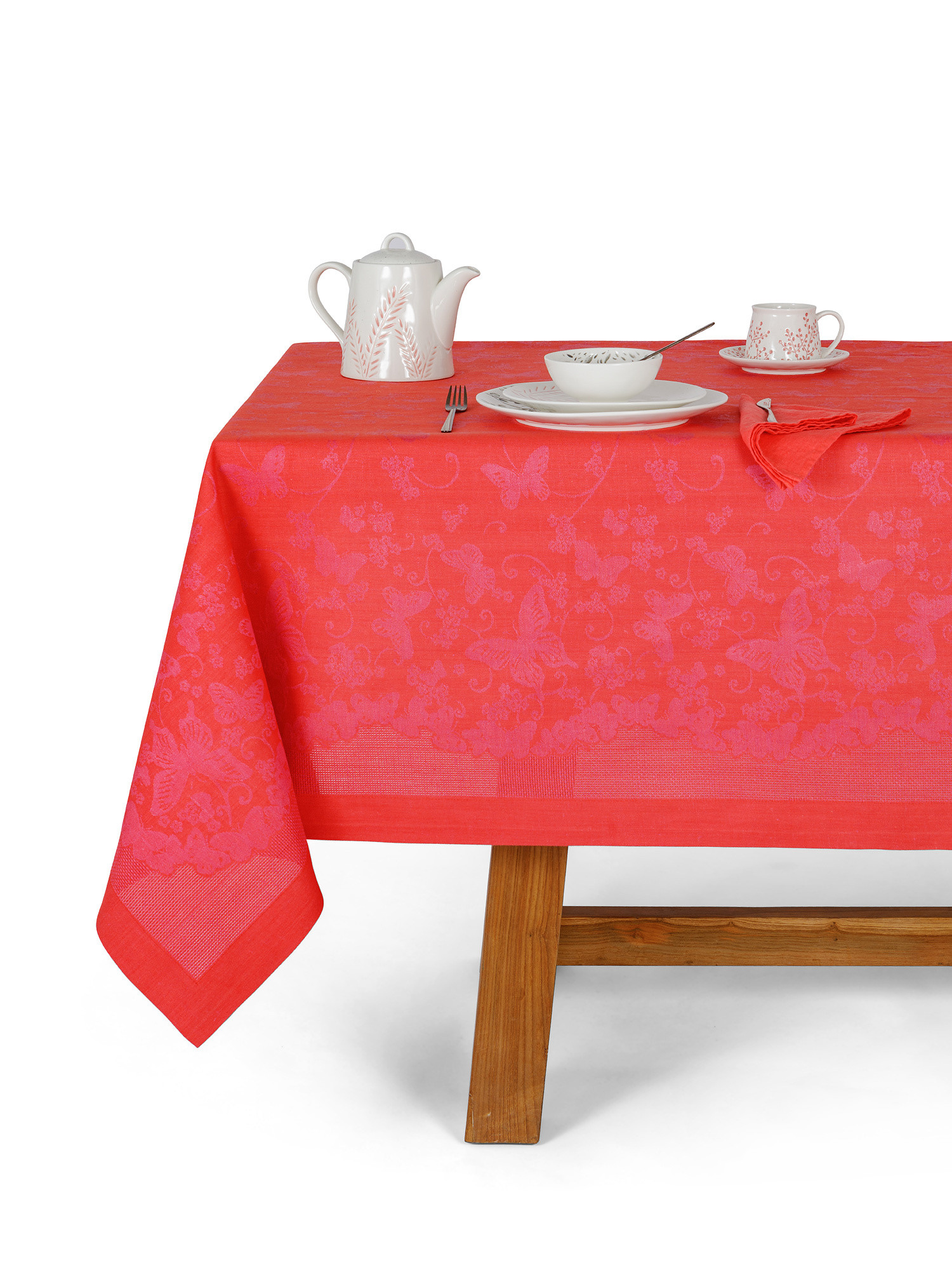 Linen and cotton tablecloth with butterfly motif, Pink, large image number 0