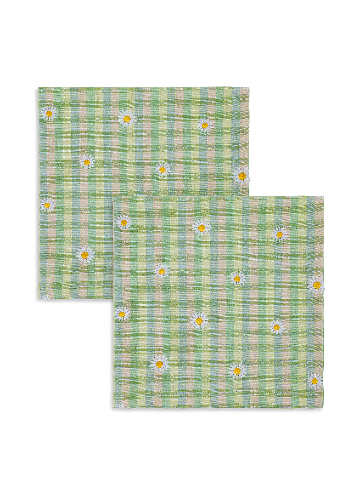 Set of 2 100% cotton napkins with gingham motif and daisies embroidery, Green, large image number 0