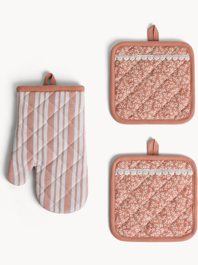 Set 2 presine e guanto da cucina in cotone double face