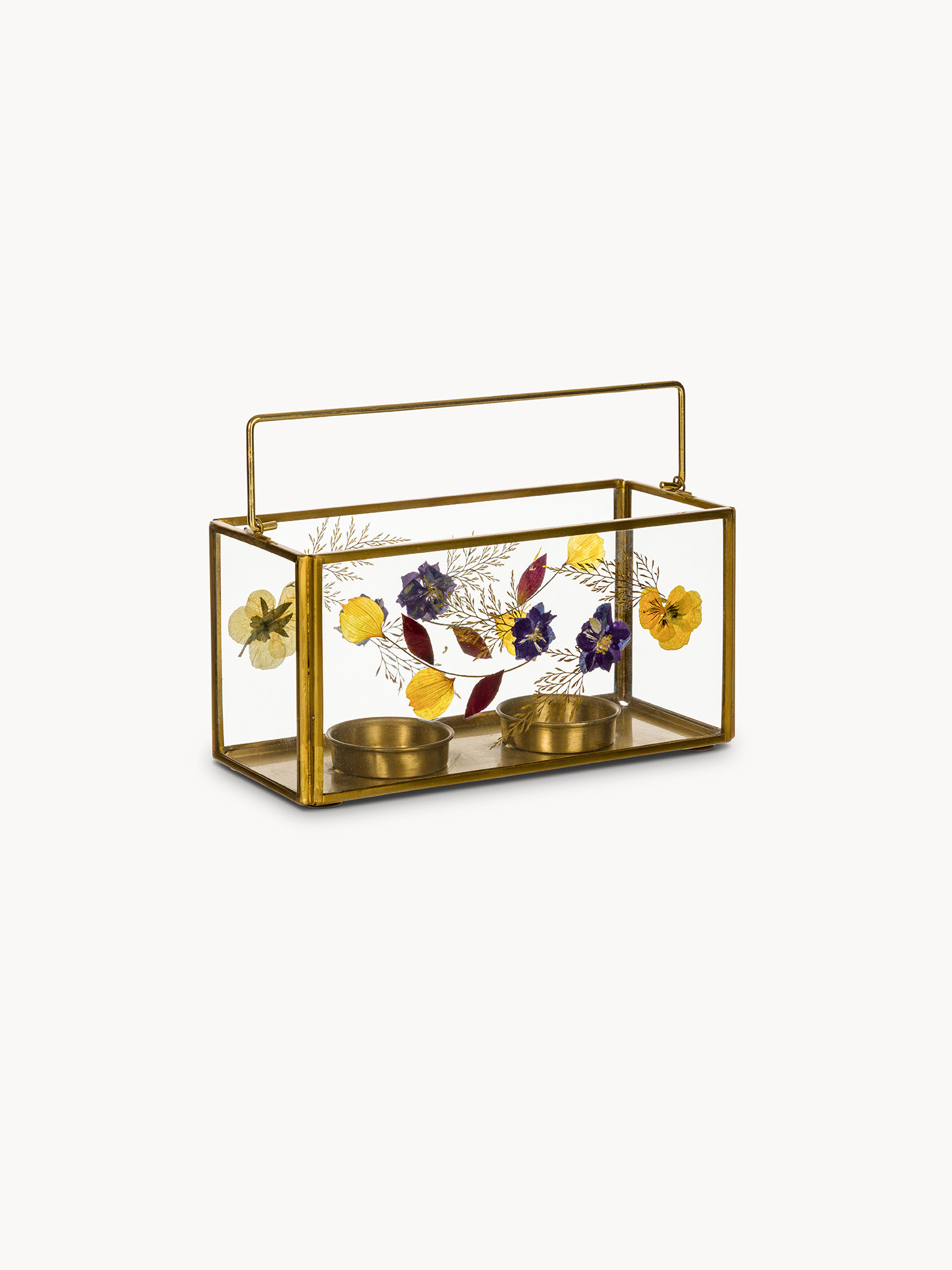 Porta t-light in vetro ed ottone con fiori secchi, Oro, large image number 0