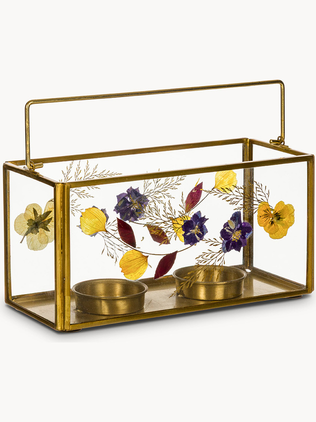 Porta t-light in vetro ed ottone con fiori secchi
