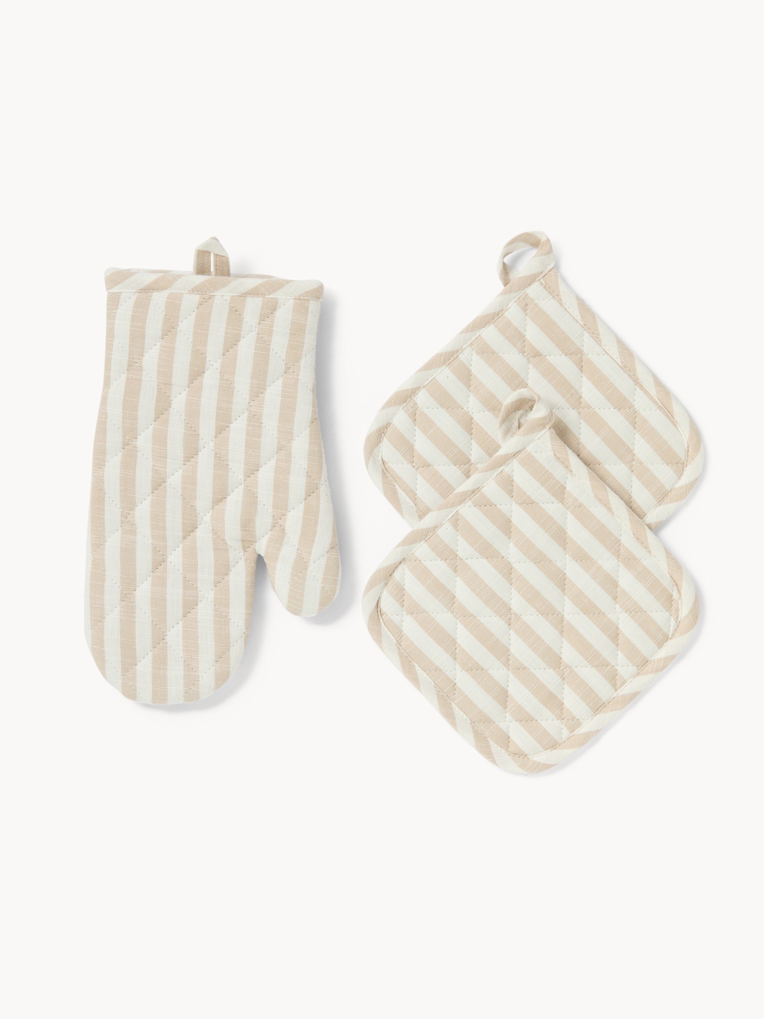 Set of 2 striped yarn-dyed pure cotton oven mitts and pot holders - Discounted Price, Beige, large image number 0