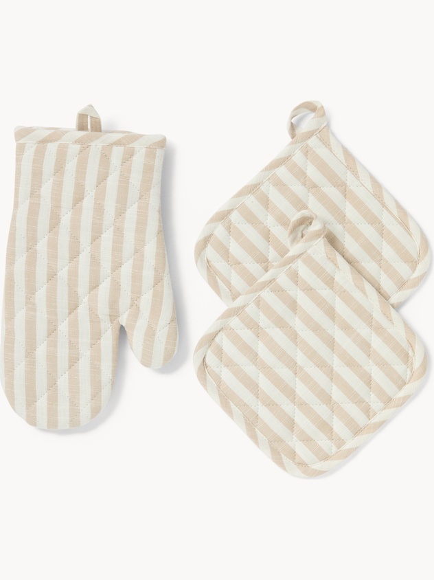Set of 2 striped yarn-dyed pure cotton oven mitts and pot holders - Discounted Price