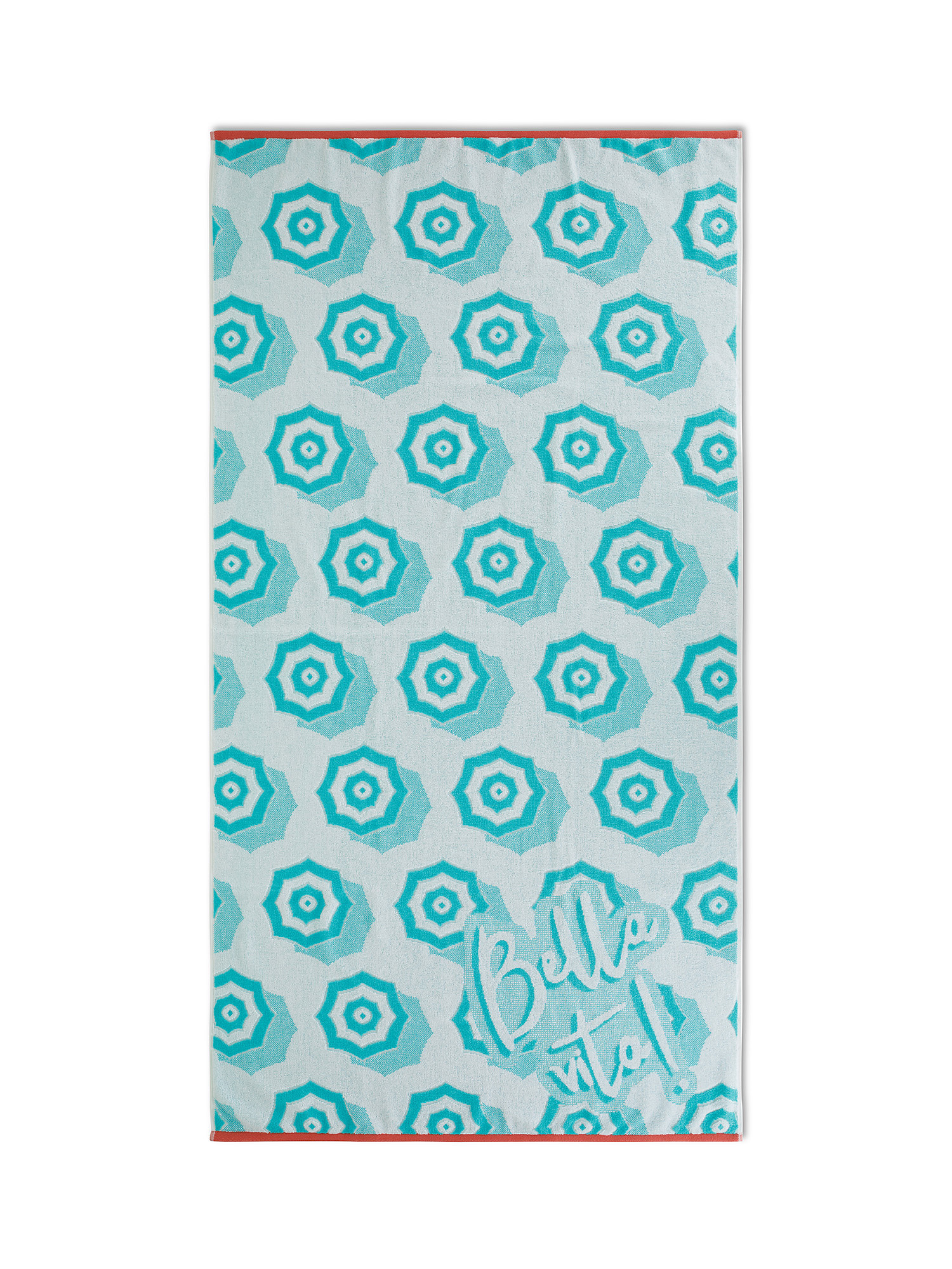 Beach towel in cotton terry with umbrella motif, Teal, large image number 0